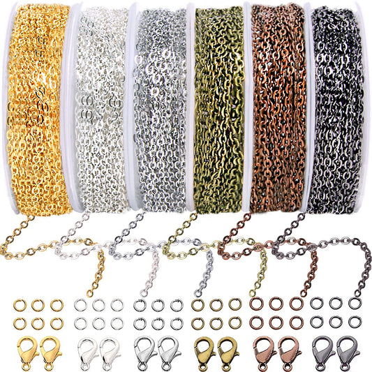 Chains Jewelry Making Supplies, 60ft Cable Link Chains for Making Jewelry Necklace Earring Bracelet Findings DIY Craft Kit for Adults, 6-Color 2mm Gold Silver Copper Plated Metal Link Rolls Bulk