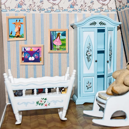 6Pcs 1/12 Wood Dollhouse Furniture Unfinished Mini Photo Frame Artificial Miniature Scene Model DIY Wall Art Painting Toys for Nursery Room Photo Props