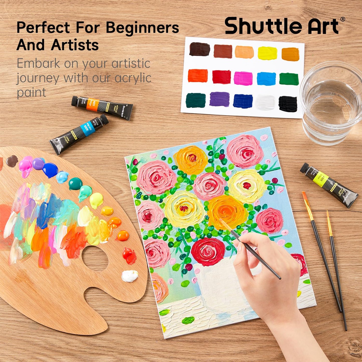 Acrylic Paint Set, 15 x 12ml Tubes Artist Quality Non Toxic Rich Pigments Colors Perfect for Kids Adults Beginners Artists Painting on Canvas Wood Clay Fabric Ceramic Crafts