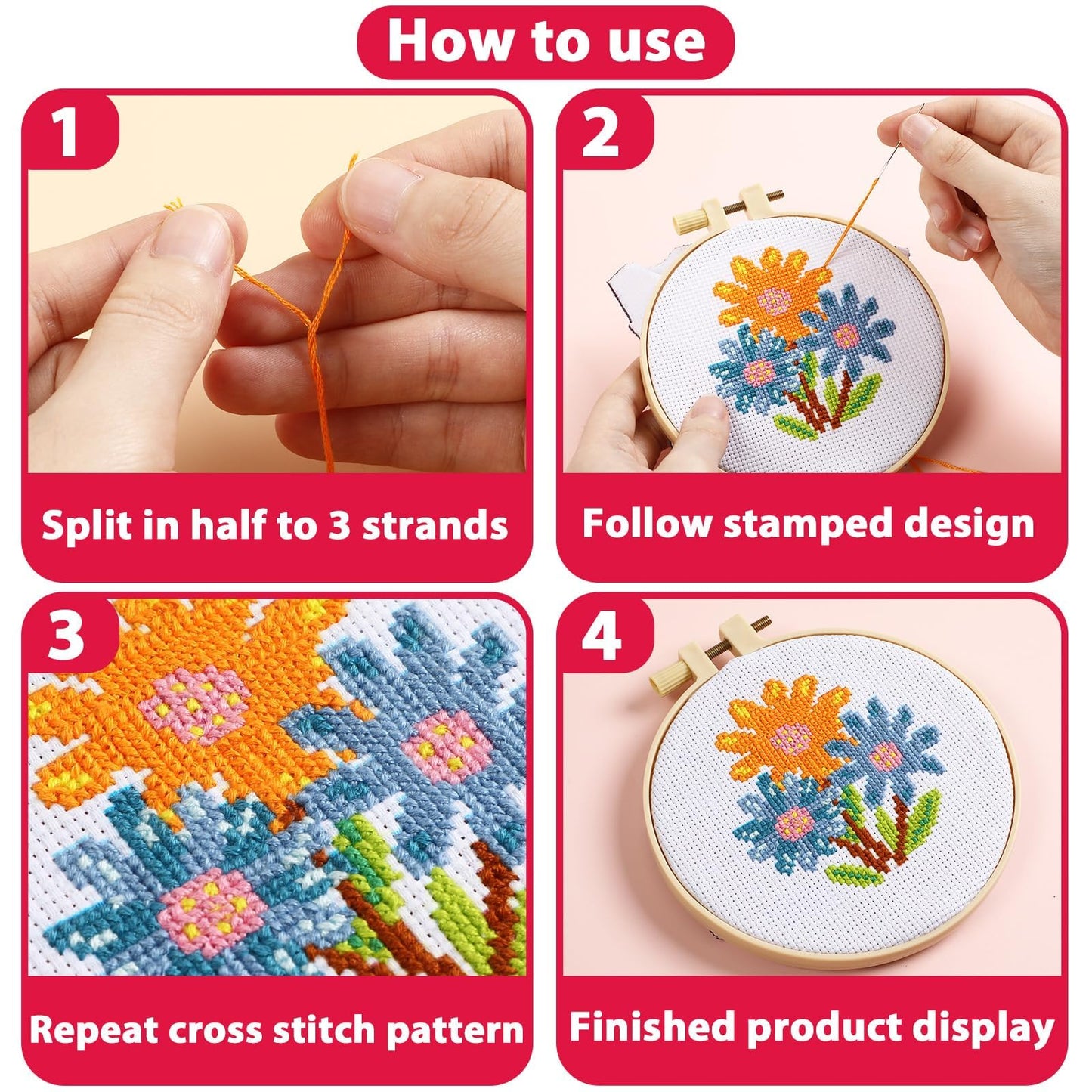 6PCS Spring Summer Themed Flower Cross Stitch Kits for Beginners DIY Embroidery Kit for Kids Adults Mother's Day Gift Birthday Gift Needlepoint Patterns with 2 Embroidery Hoops Craft Supplies