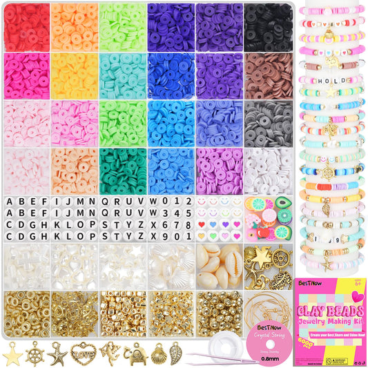 Clay Beads Bracelet Making Kit 6000 Pcs Flat Preppy Beads for Friendship Jewelry Making Polymer Heishi Beads with Charms Gifts for Teen Girls Crafts for Girls Ages 8-12