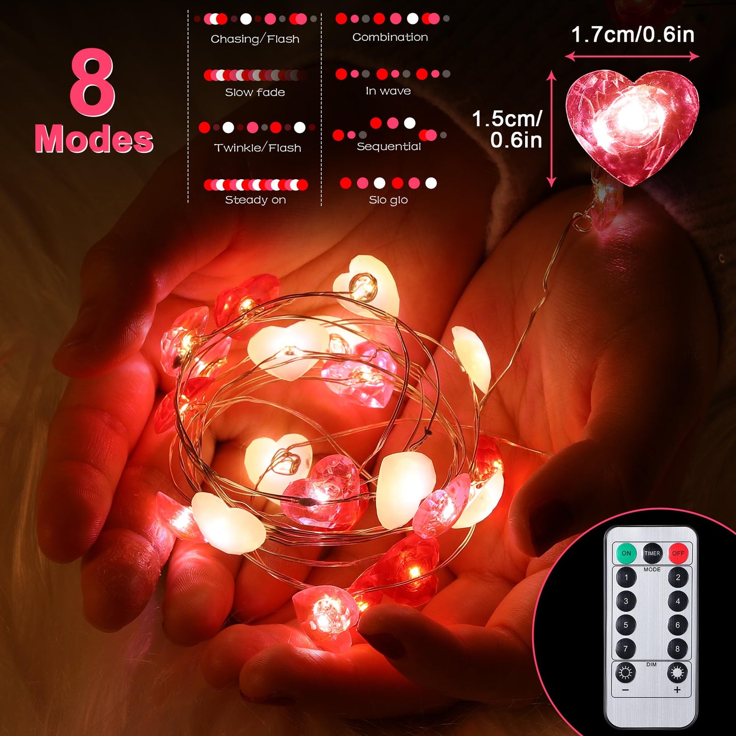 Fairy String Lights 10 Feet LED Red Pink White Heart Shaped Twinkle Fairy Lights 8 Modes Battery Operated for Valentine‘s Day Kids Bedroom Christmas Wedding Indoor Party Decor with Timer