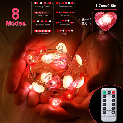 Fairy String Lights 10 Feet LED Red Pink White Heart Shaped Twinkle Fairy Lights 8 Modes Battery Operated for Valentine‘s Day Kids Bedroom Christmas Wedding Indoor Party Decor with Timer