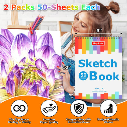 9" x 12" Sketch Book, 2-Pack 50 Sheets Spiral Bound Art Sketchbook, Acid Free Artist Drawing Book Paper, Art Supplies for Adults Kids, Craft Activities, Sketch Paper for Drawing Coloring Sketching