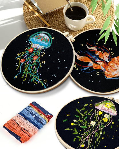 Embroidery Kit for Adults, 5 Sets Jellyfish Embroidery Kit for Beginners Include Embroidery Cloth Hoops Threads for Craft Lover Hand Stitch with Embroidery Skill Techniques