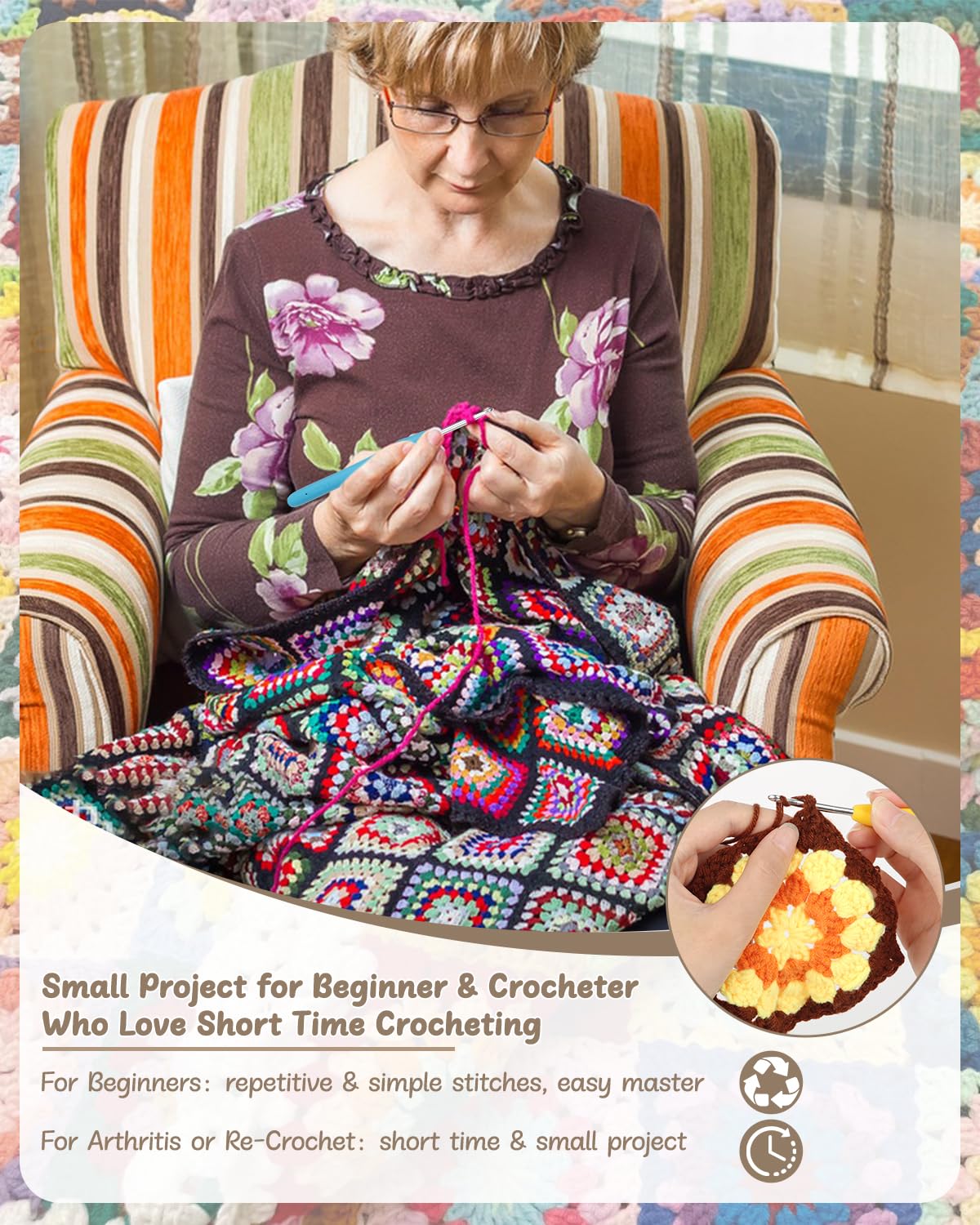 Beginner Crochet Kit for Adults & Kids - Granny Square Blanket & Bags Kit Includes Crochet Blocking Mat & Book