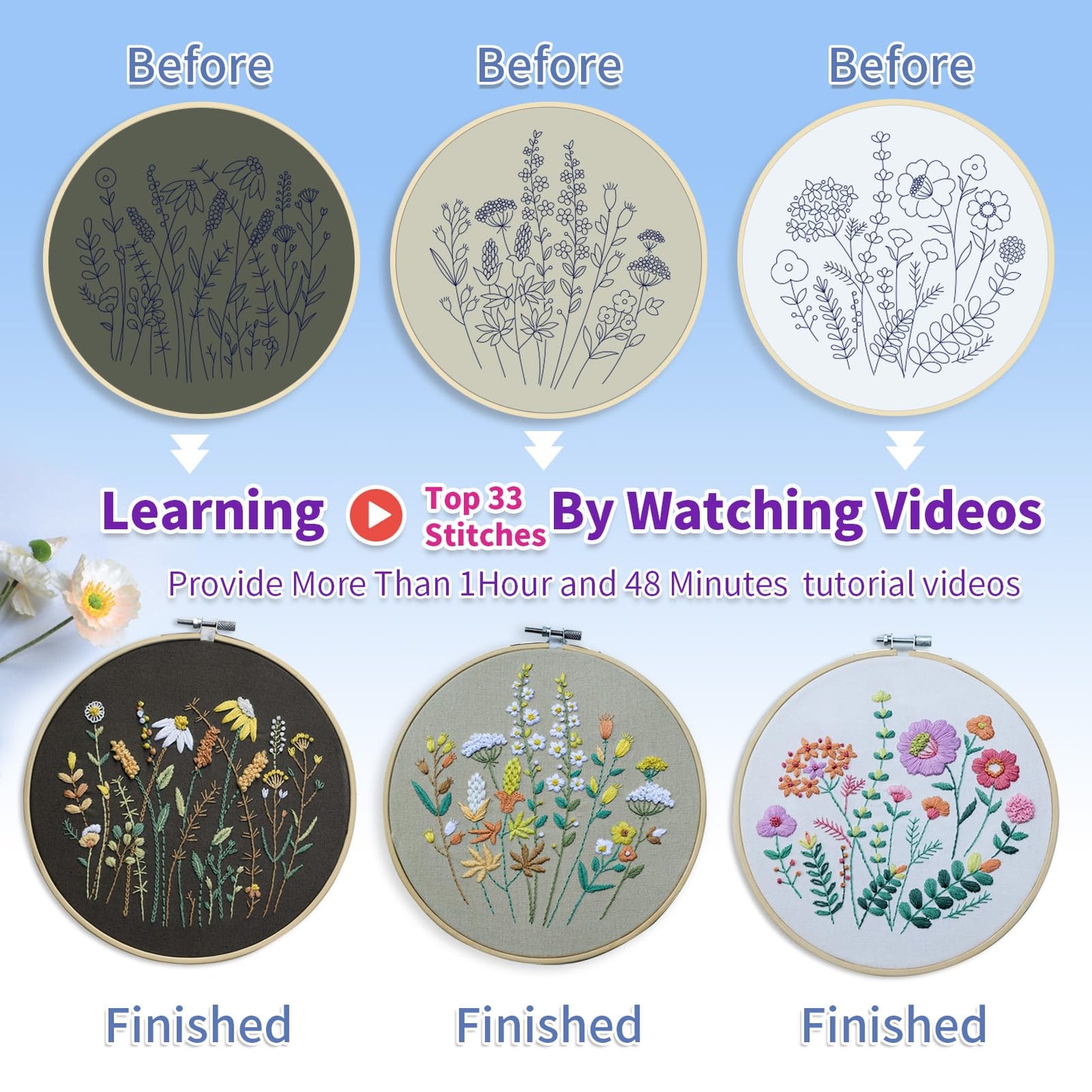 3 Pack Beginner Embroidery Kits for Adults, DIY Starter Set with Stamped Flower Designs, Embroidery Hoop, Colorful Threads, Tools, Step-by-Step Instructions & Video Tutorial