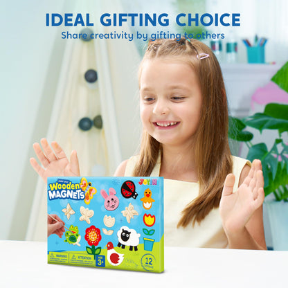 12 Wooden Magnet Creativity Arts & Crafts Painting Kit for Kids, Decorate Your Own Painting Gift for Easter Basket Stuffers, Birthday Parties and Family Crafts, Party Favors for Boys Girls