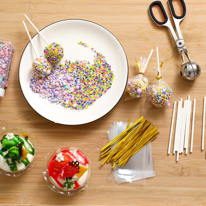 Lollipop Cake Pop Treat Bag Set Include 100 Parcel Bags 100 Papery Treat Sticks Metallic Twist Ties Meat Baller with Handles Cake Pops Making Tools for Candies, Chocolates and Cookies (Black)