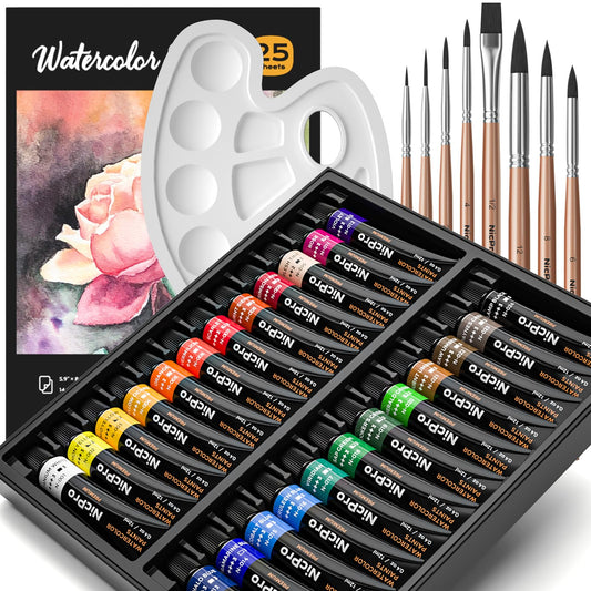 60 PCS Watercolor Paint Set for Adults, Kid, Beginner & Artists, 24 Tubes Water Color Paint Kit with 25 Watercolor Paper, 8 Squirrel Paint Brushes, Palettes, Color Wheel, Art Painting Supplies