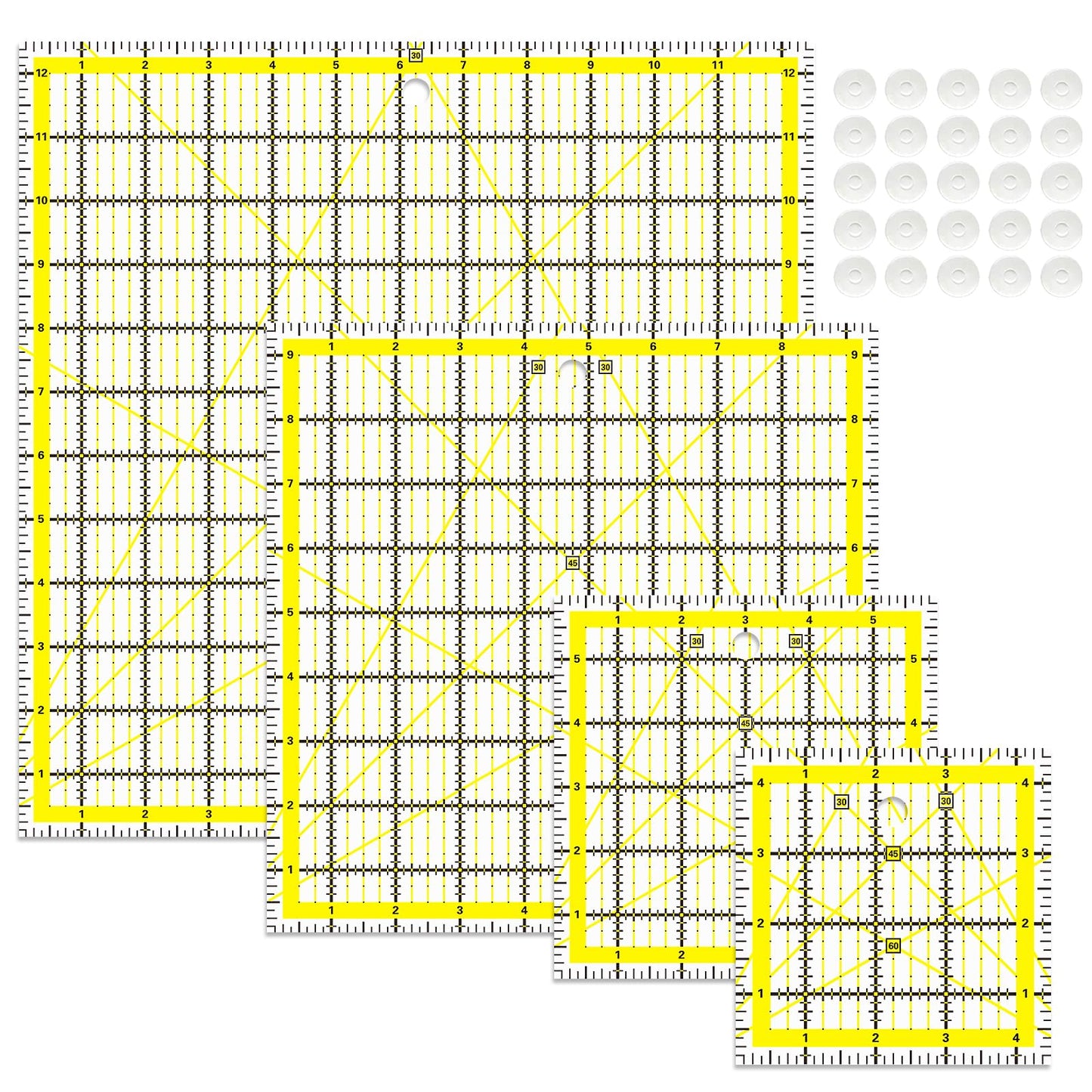 4 Piece Quilting Ruler,Acrylic Square Ruler,Quilting Templates,with Non Slip Rings 25 Pieces（4.5“X4.5”、6“X6”、9.5“X9.5”、12.5“X12.5”）