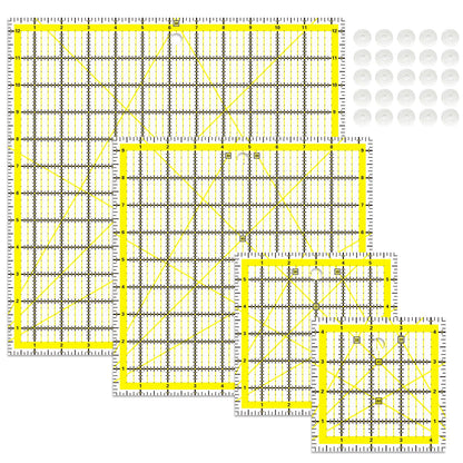 4 Piece Quilting Ruler,Acrylic Square Ruler,Quilting Templates,with Non Slip Rings 25 Pieces（4.5“X4.5”、6“X6”、9.5“X9.5”、12.5“X12.5”）