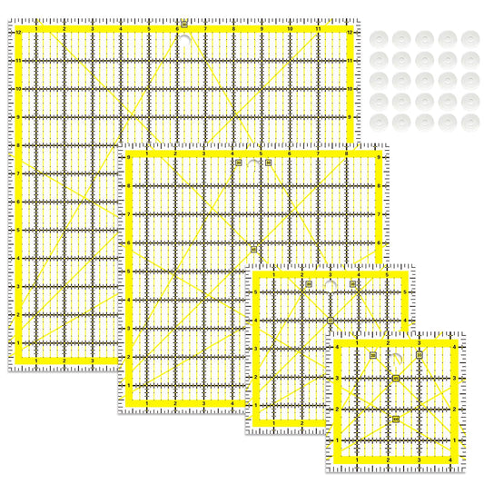 4 Piece Quilting Ruler,Acrylic Square Ruler,Quilting Templates,with Non Slip Rings 25 Pieces（4.5“X4.5”、6“X6”、9.5“X9.5”、12.5“X12.5”）