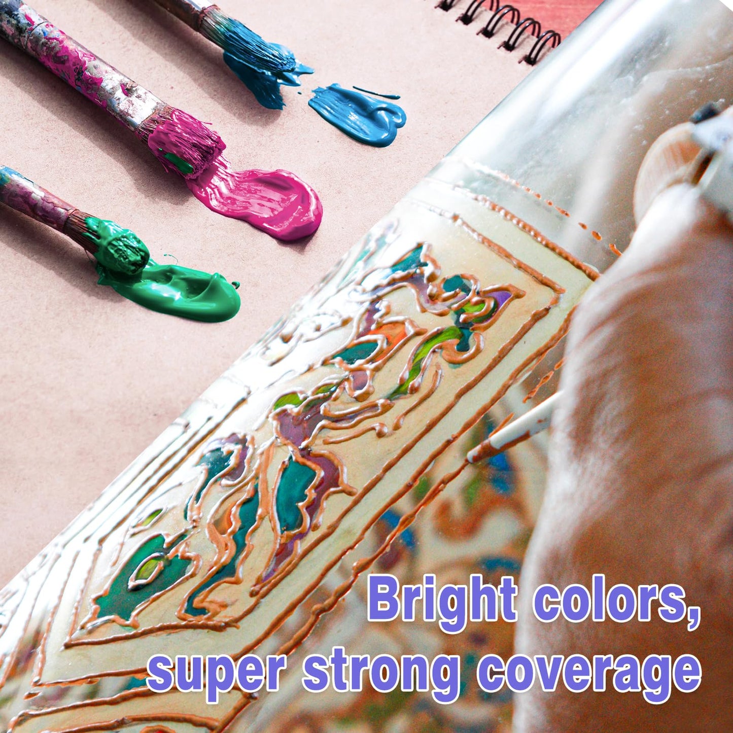 Acrylic Glass Paint Set with 6 Brushes, 1 Palette, 12 Colors Stain Glass Paints for Wine Glass, Waterproof Acrylic Enamel Paint Kit to Create Translucent Arts on Porcelain, Window & Ceramic