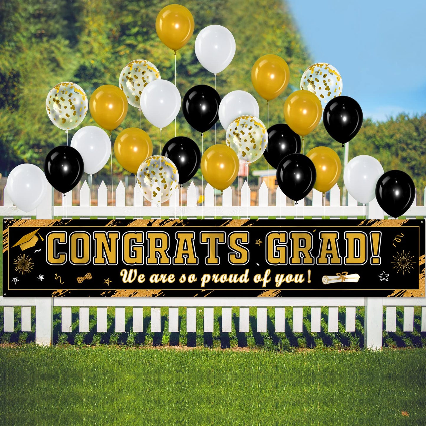 36 Pieces Class of 2025 Graduation Party Decorations Banner, Large Congrats Grad Banner with 35 Pieces Balloons 2025 Yard Signs for High School College Graduation Party Supplies(Black Gold)