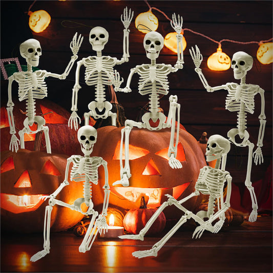 6 PCS Halloween Decoration, 16" Small Poseable Skeleton Full Body with Movable Joints for Garden Graveyard Haunted House Party Home Props Decor