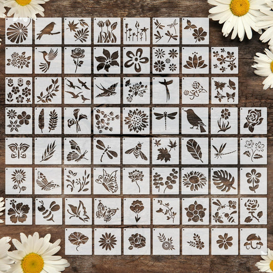66 Pcs Small Stencils for Crafts Reusable 3 Inch Stencils for Painting on Wood DIY Craft Paint Template for Wall Home Decor Card Rock Canvas Drawing Holiday Ornament(Flowering Plants)