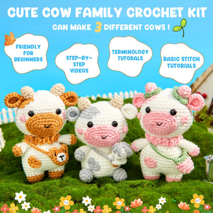 Crochet Kit for Beginners, Crochet Starter Kits for Adults w Step-by-Step Video Tutorials, Amigurumi Craft DIY Knitting Supplies, Crocheting Animals Kits, 3 Pcs Cow (40%+ Yarn)