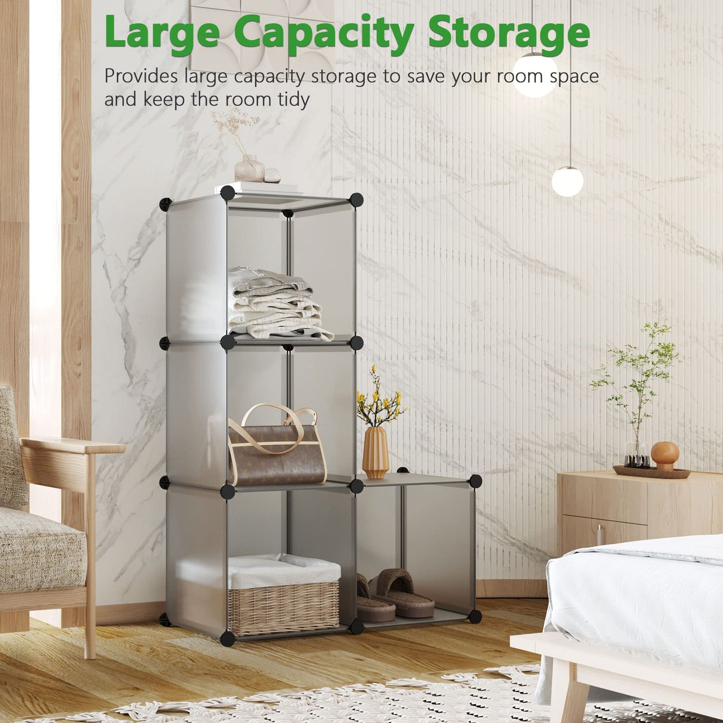 Cube Storage Organizer, 4-Cube Shelves Units, Closet Cabinet, DIY Plastic Modular Book Shelf Ideal for Bedroom, Living Room, Office, 24.8" L x 12.4" W x 24.8" H Grey UPCS04G