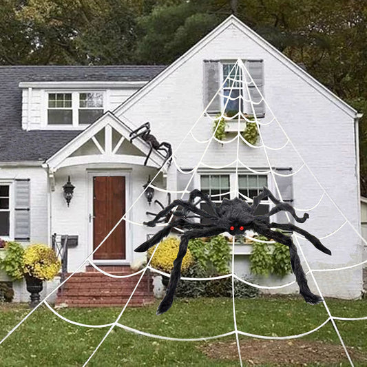 Halloween Spider Decorations, 50" Scary Giant Spider with 200" Triangle Web & 2×20gr Spider Webs, Large Hairy Spider Props for Halloween Creepy Decor Indoor, Outdoor, Party, Window, Wall, Yard