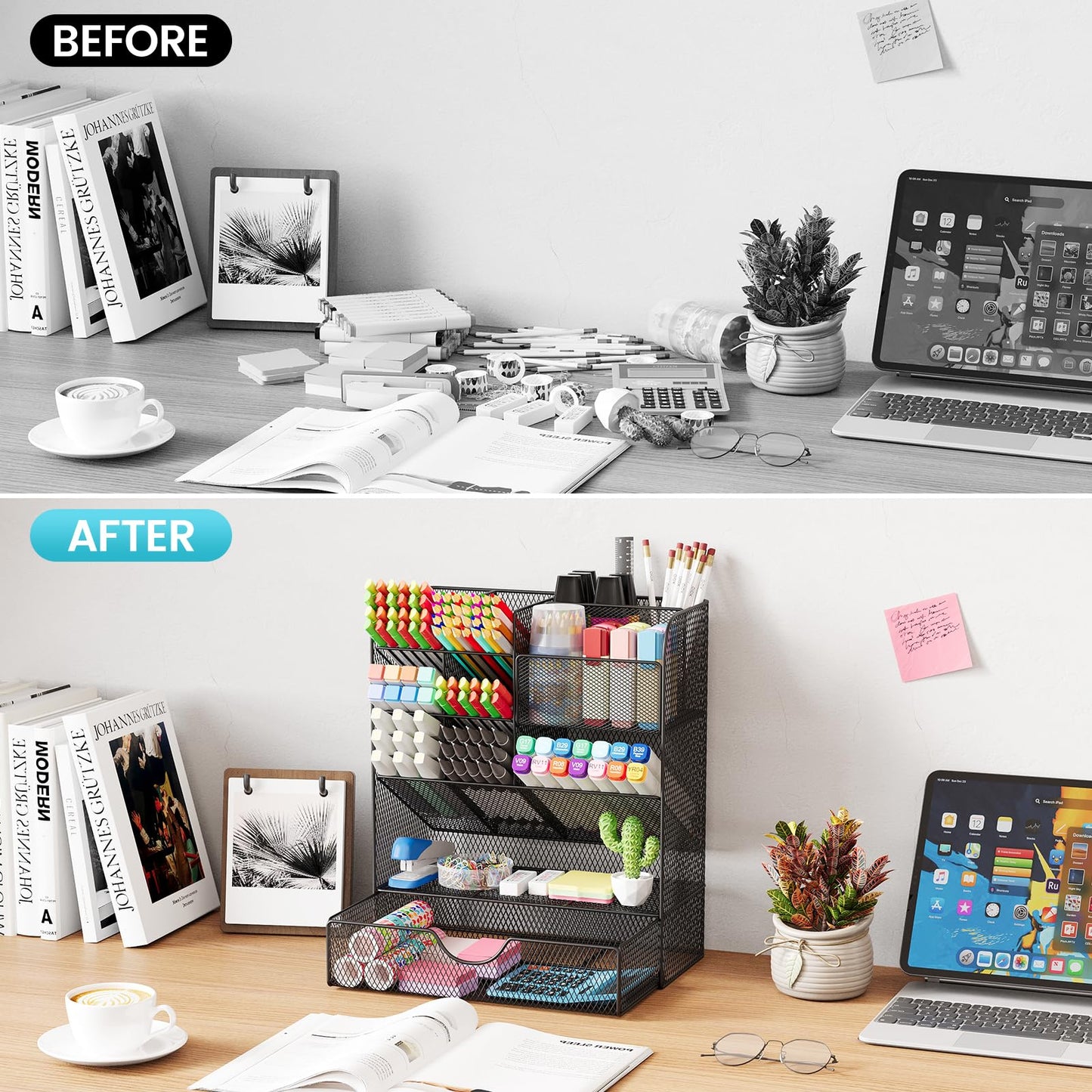 Desk Organizers and Accessories, Pen Holder for Desk Organizer with Drawer, Pencil Holder Office Desk Accessories Workspace Desktop Organizer for School Home Office Art Supplies（Black）