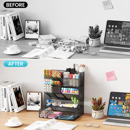 Desk Organizers and Accessories, Pen Holder for Desk Organizer with Drawer, Pencil Holder Office Desk Accessories Workspace Desktop Organizer for School Home Office Art Supplies（Black）