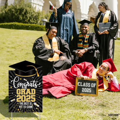 Congrats Grad Yard Sign - 16x10 Inches | Black and Gold Class of 2025 Congrats Yard Sign | Graduation Party Decoration | Congrats Grad Lawn Signs for Graduation Decorations 2025