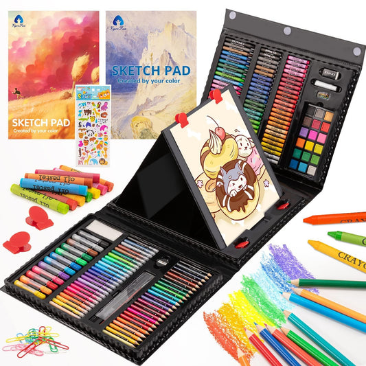 Art Supplies, 240-Piece Art Set Crafts Drawing Kits with Double Sided Trifold Easel, Sketch Pads, Crayons, Colored Pencils, Gifts for Kids Girls Boys Teen Ages 4-6-8-9-12 (Black)