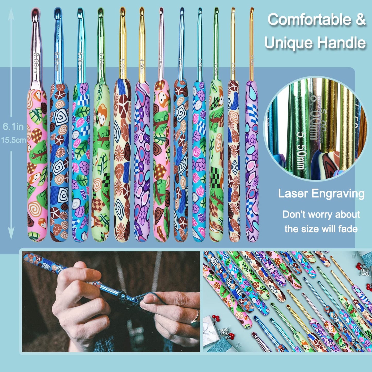 Warm Crochet Hooks Crocheting, Extra Long Crochet Hook Set for Arthritic Hands, 2.25mm to 8.0mm, 12 pcs Crochet Kit Ergonomic Grips for DIY Craft Yarn, Animal Pattern