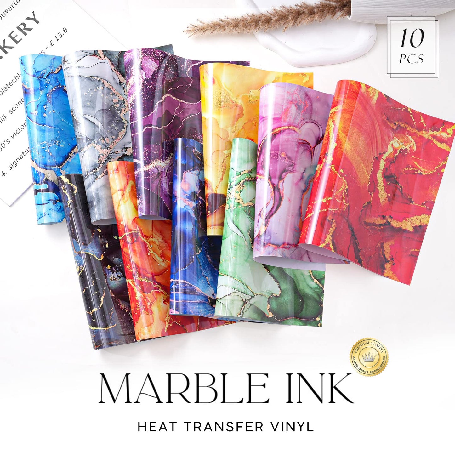 10 Sheets Marble HTV Heat Transfer Vinyl 12 x 10 Inch Tie Dye HTV Glitter Watercolor Pattern Vinyl Permanent Print for T-Shirts, Clothes, Bags, Hats