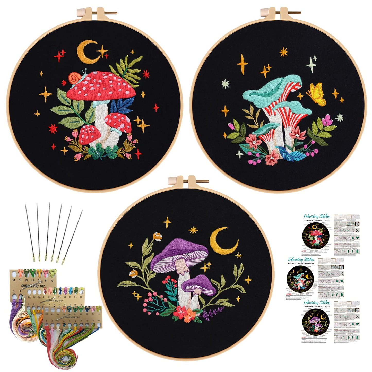 3 Pack Embroidery Kit for Adults Beginners, Stamped Cross Stitch Mushroom Patterns with Hoop, Thread, Needles & Step-by-Step Guide Easy DIY Starter Kit