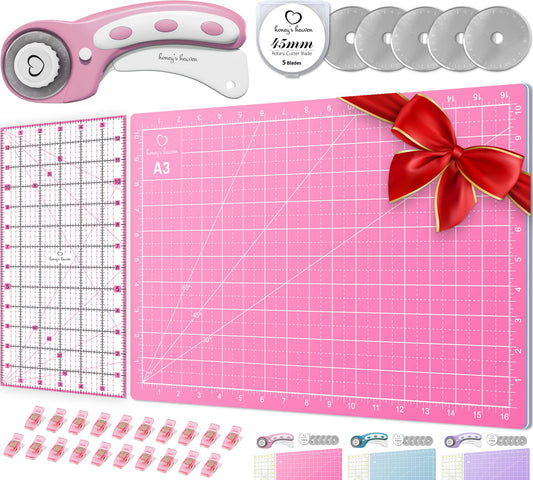 Rotary Cutter Set pink - Quilting Kit incl. 45mm Fabric Cutter, 5 Replacement Blades, A3 Cutting Mat, Acrylic Ruler and Craft Clips - Ideal for Crafting, Sewing, Patchworking, Crochet & Knitting y