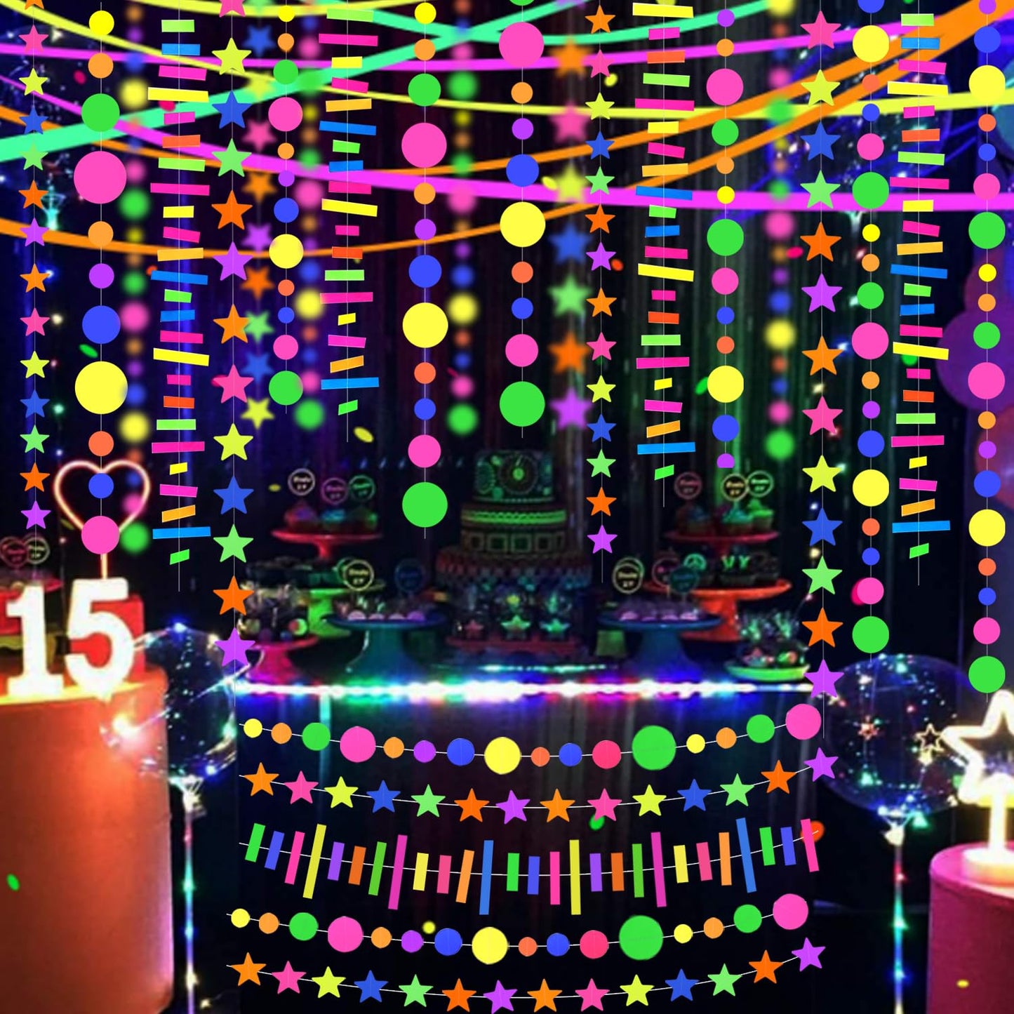 120feet UV Round Dot Paper Neon Garland Streamers Decorations for Glow Party UV Reactive Black Light Favors Glow in The Dark Supplies for Wedding Birthday Garlands