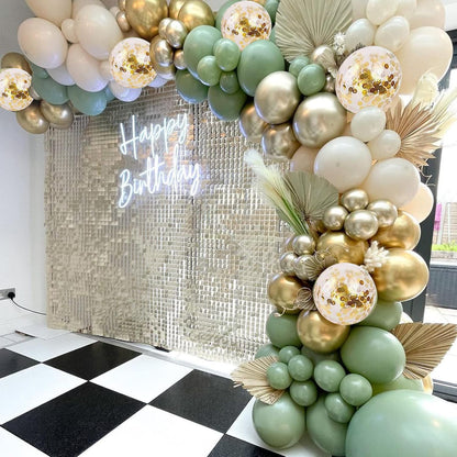 Sage Green Balloons Arch Kit, Green And Gold Balloons White Sand Olive Confetti Balloons Arch for Birthday Baby Shower Bridal Shower Engagement Baptism Wild One Party Decorations