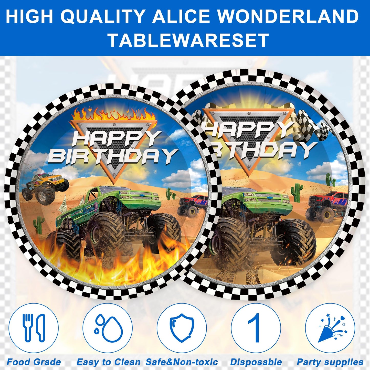 120PCS Monster Truck Party Supplies for Kids Boys 1st 2nd Birthday Party Decorations Monster Car Bday Party Tableware Set Plates Napkin Cups Set for 20 Guests