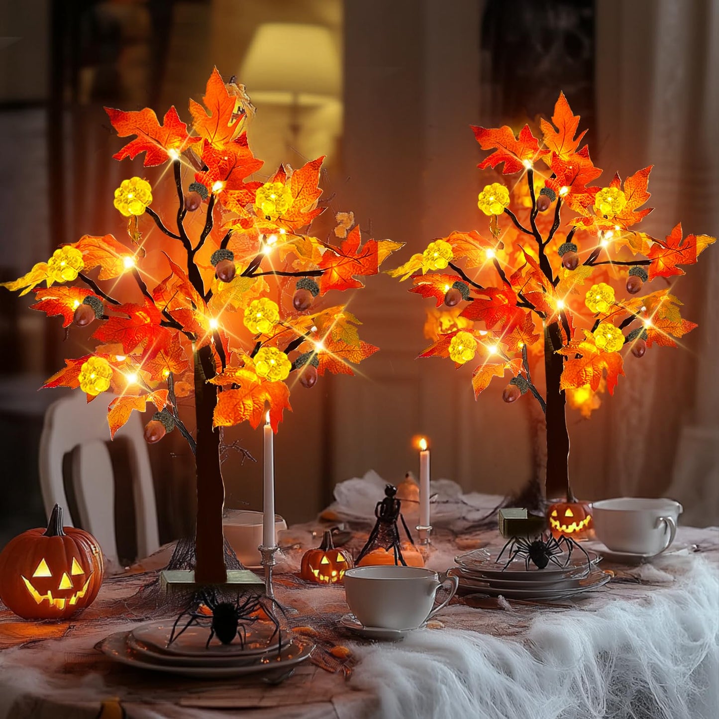 [ 2 Pack & Timer ]   24 Inch Lighted Maple Tree Fall Decor, Total 48 LED Battery Operated Tabletop Artificial Tree Design Patent Pumpkin & Acorn Thanksgiving Halloween Decoration Home Indoor