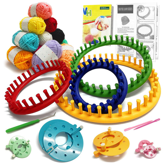 Loom Knitting Kit with Yarn, 23PCS Round Knitting Loom Kit for Beginners Including Instructions and Pom Pom Maker, Easy & Quick Hat Knitting Loom Set/Scarf Loom Knitting Set for Family