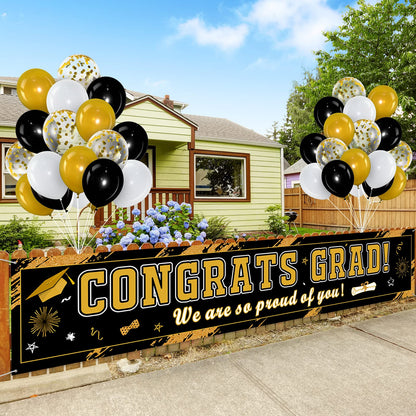 36 Pieces Class of 2025 Graduation Party Decorations Banner, Large Congrats Grad Banner with 35 Pieces Balloons 2025 Yard Signs for High School College Graduation Party Supplies(Black Gold)