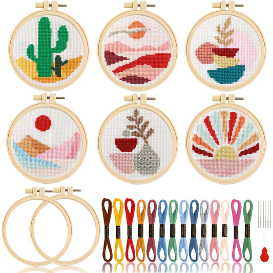 6PCS Cross Stitch Kits for Beginners DIY Embroidery Kit for Kids Adults Boho Cross Stitch Kits Christmas Birthday Gift Abstract Landscape Needlepoint Patterns with 2 Embroidery Hoops Craft Supplies
