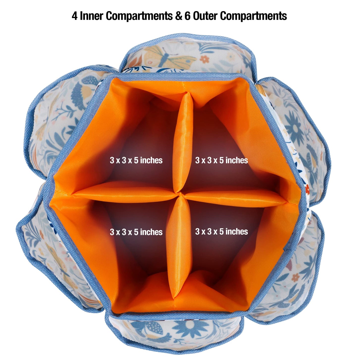 360 Degree Rotating Organizer for Tabletop, Counter, Storage, Sewing Supplies, Art Supplies with Compartments, Butterfly Floral Print