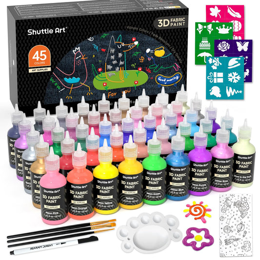 Fabric Paint Set, 45 Colors 3D Permanent Paint with Brushes Palette Pen Fabric Sheet Stencils, Glow in The Dark, Glitter,Metallic Colors for Textile Fabric T-shirt Jeans Glass