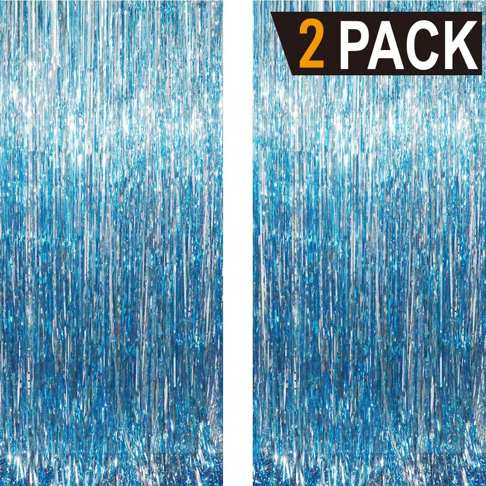 6.4 ft x 9.8 ft Metallic Tinsel Foil Fringe Curtains,Pack of 2 Party Streamer Backdrop for Birthday,Graduation Decorations and New Year Eve (Light Blue)