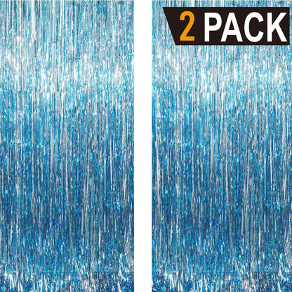 6.4 ft x 9.8 ft Metallic Tinsel Foil Fringe Curtains,Pack of 2 Party Streamer Backdrop for Birthday,Graduation Decorations and New Year Eve (Light Blue)