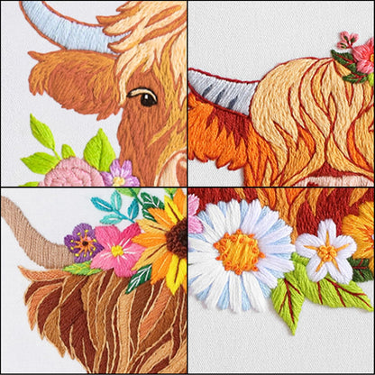 3 Sets Embroidery Kits for Beginners,Cross Stitch Kit for Adults,Starters DIY Needlepoint Including Hoop -Highland Cow and Florals Pattern