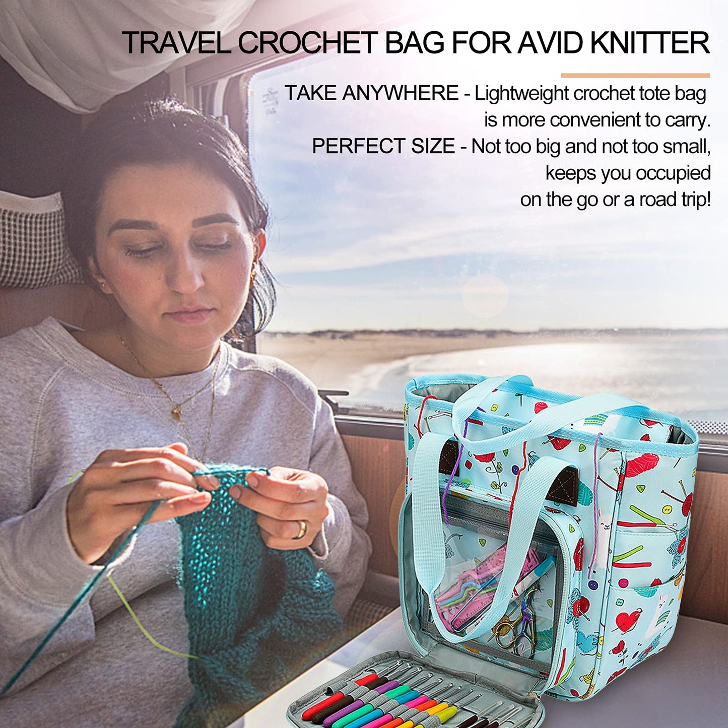 Knitting Bag Yarn Storage Organizer, Portable Knitting Tote Basket Yarn Bags for Crochet Hooks, Crocheting Kit, Knitting Needles, Yarn Balls, Project & Sewing Supplies - No Accessories (Blue)