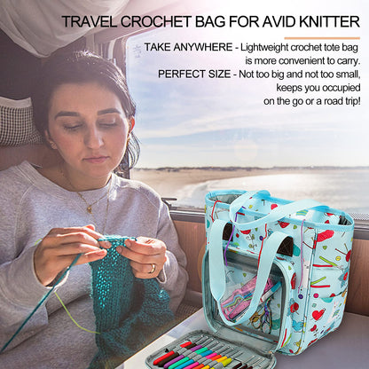Knitting Bag Yarn Storage Organizer, Portable Knitting Tote Basket Yarn Bags for Crochet Hooks, Crocheting Kit, Knitting Needles, Yarn Balls, Project & Sewing Supplies - No Accessories (Blue)