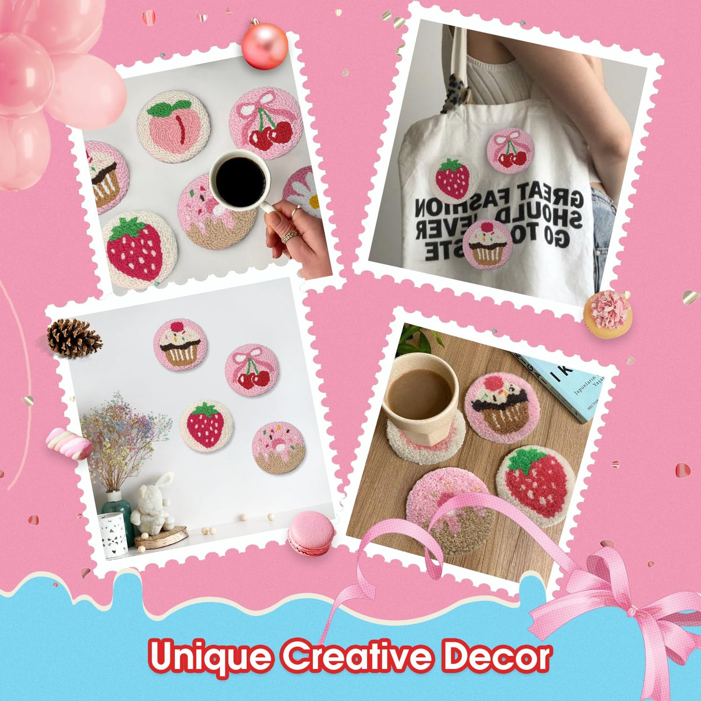 6PCS Punch Needle Coaster Kit,Easy DIY Embroidery Set for Beginners, Kids & Adults,Mother's Day Gift with Patterns, Tools, Yarns, Hoop, Instructions & Coaster Holder