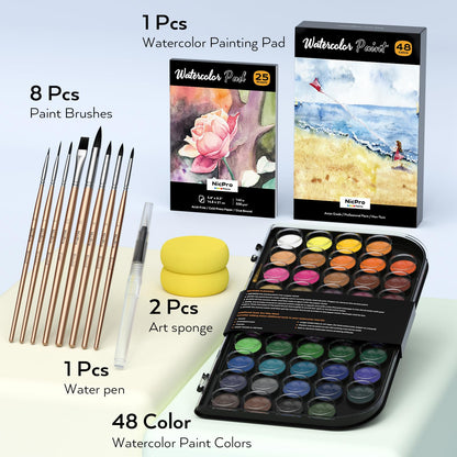 Watercolor Paint Set, 48 Water Colors Kit with 8 Painting Brushes, Palette, Watercolor Pen, 25 Art Pad Paper, 2 Art Sponges, Non-toxic Painting Supplies for Kids, Adults, Beginners, Artists