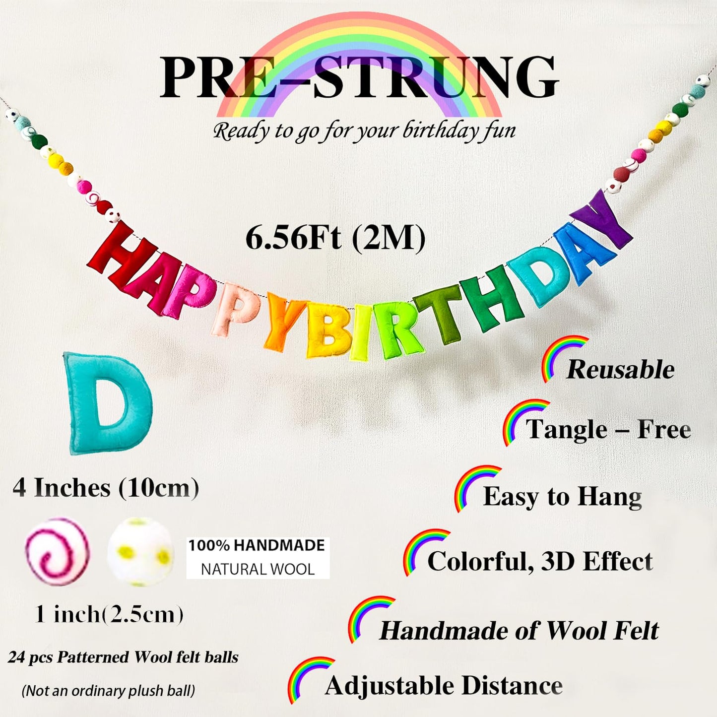 Pre-Strung Happy Birthday Banner - Felt Ball Garland - HAPPY BIRTHDAY Garland, Rainbow Birthday Decorations, Personalized Happy Birthday Sign for Birthday Decor, Party Decor, Photo Prop