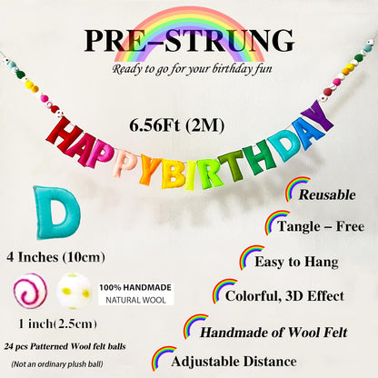 Pre-Strung Happy Birthday Banner - Felt Ball Garland - HAPPY BIRTHDAY Garland, Rainbow Birthday Decorations, Personalized Happy Birthday Sign for Birthday Decor, Party Decor, Photo Prop